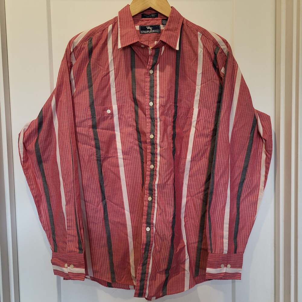 Vintage Steeplechase Men's Long Sleeve Button Down Shirt Red Striped Size Large